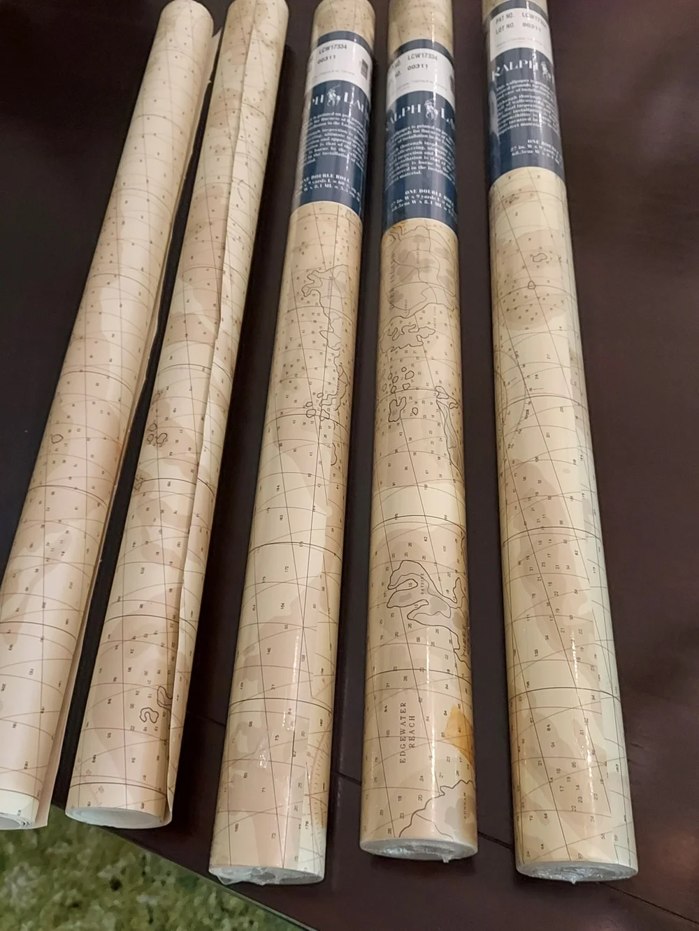 3 Dbl Rolls & 2 Open Ralph Lauren Nautical Map Wallpaper Rolls in Cream & Brown.